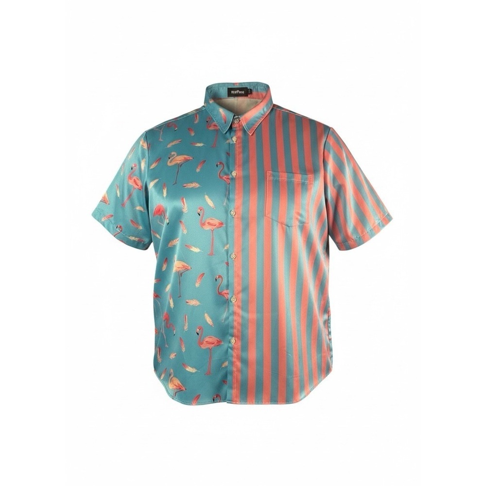 VatPave Flamingo Stripe Shirt Mens XXL‎ Pink Blue Tropical Button Up